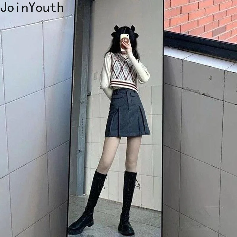 Joinyouth Vintage Knit Cropped Sweater Vest Embroidery Anime Sweaters V-neck Y2K Tank Top Fashion Korean Plaid Women Pullovers