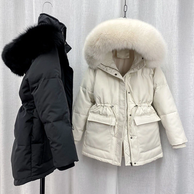 

HWL 2024 Cotton Padded Fur Parka New Big Fur Collar Down Winter Jacket Women Thick Warm Parkas Female Outerwear