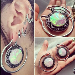PAIR Solid Brass Aether Ornate Puj Ju Hoops with Sythetic Opal High Quality Ear Weights Hoop Earring Ear Gauge Expander Jewelry