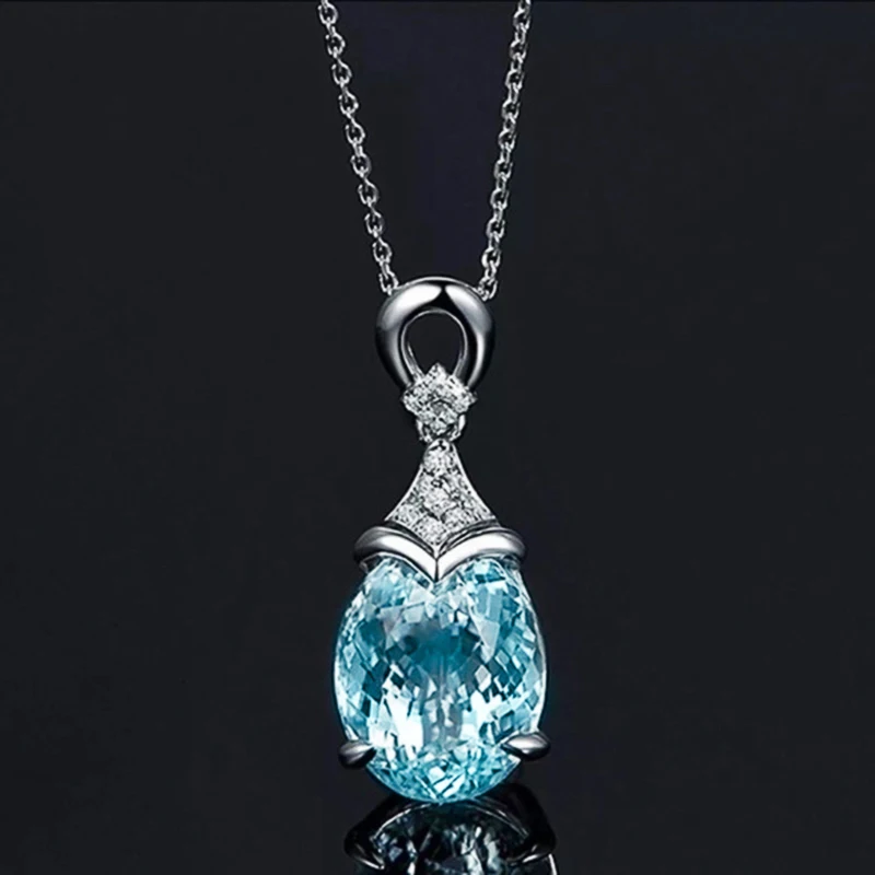 Huitan Delicate Water Drop Shaped Pendant Necklace for Women Fresh Sky Blue Oval Cubic Zirconia Luxury Fashion Wedding Jewelry