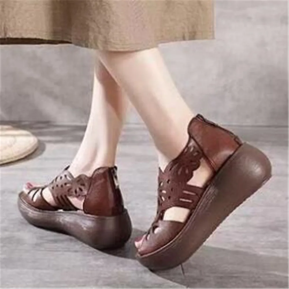 2024 Summer New Chunky Fish Mouth Mother Shoes Hollow Out Breathable Retro Soft Leather Sandals Muffin Bottom Roman Shoes Women