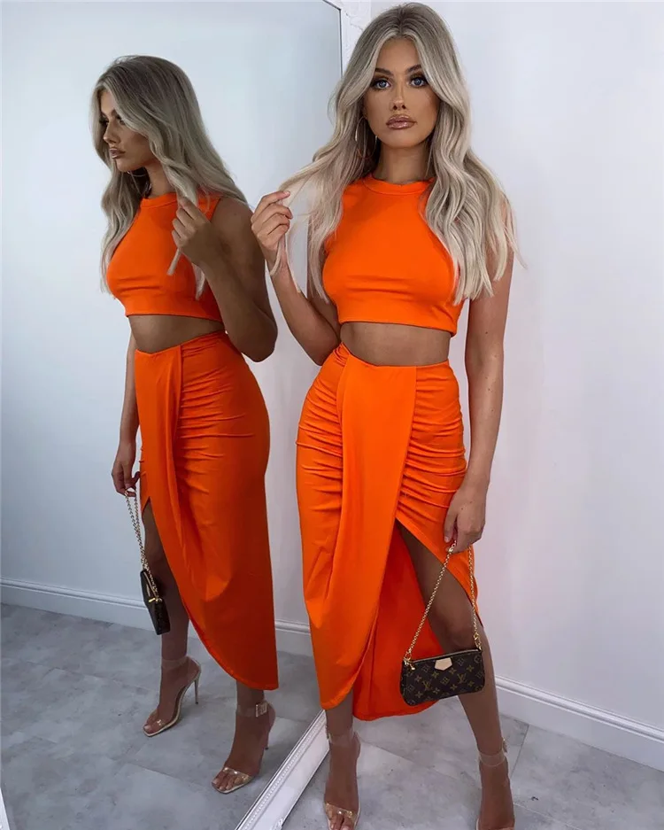 BKLD 2024 Summer Clothes New Fashion Solid Color Sleeveless Crop Top And Irregular Skirts 2 Piece Sets Womens Outfits Clubwear