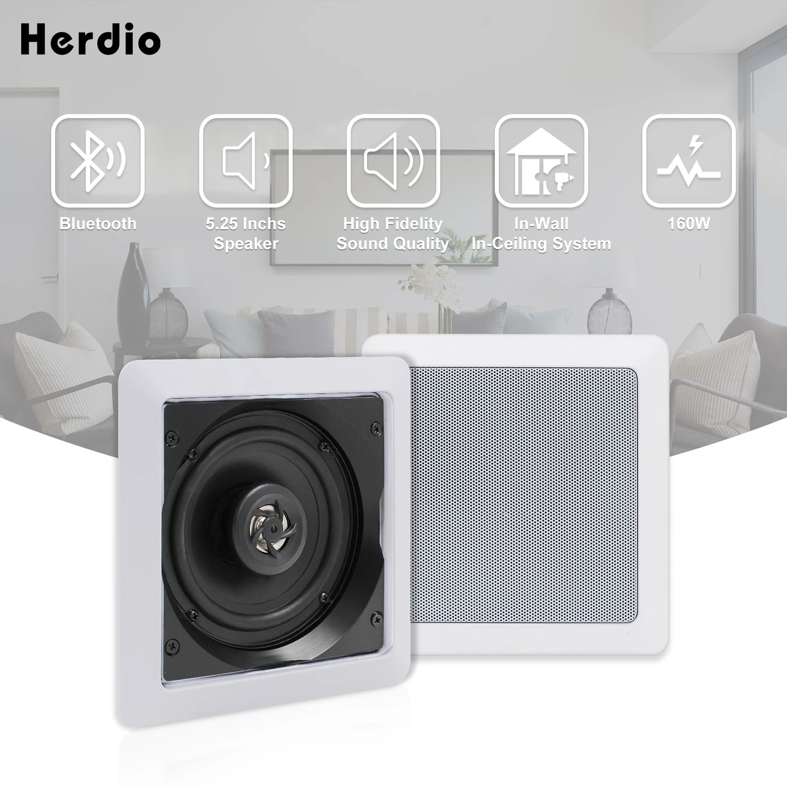 Herdio 5.25 Inch 2-Way Ceiling In Wall Bluetooth Speakers Audio System For Home Theater Living Room Office Shop Dropshipping