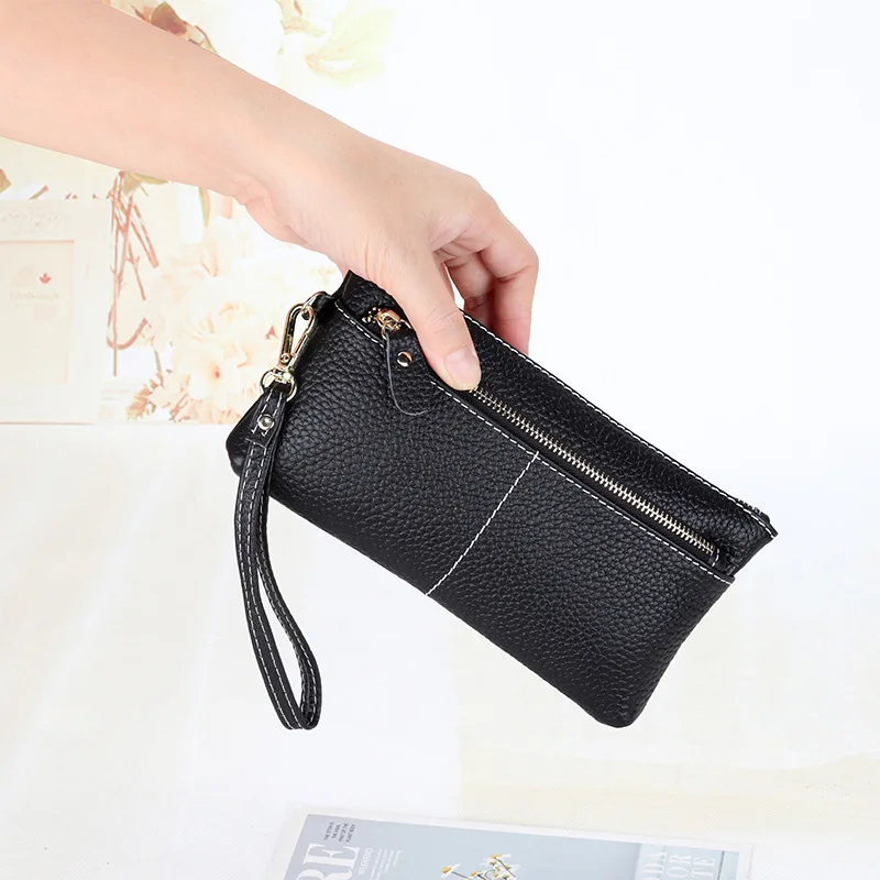 Bolso de mano de cuero genuino para mujer, cartera con cremallera para tarjetas de identificación, dinero, monedas, bolsillo para teléfono, carteras