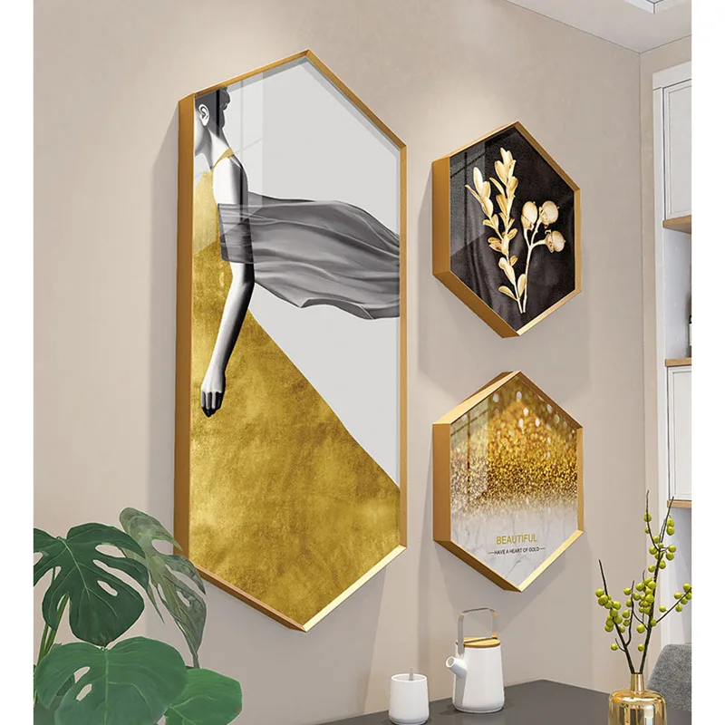 Irregular Art Deco Painting Metal Hexagon Picture Frame Light Luxury Modern Dining Room Murals Background Wall Triptych Combina