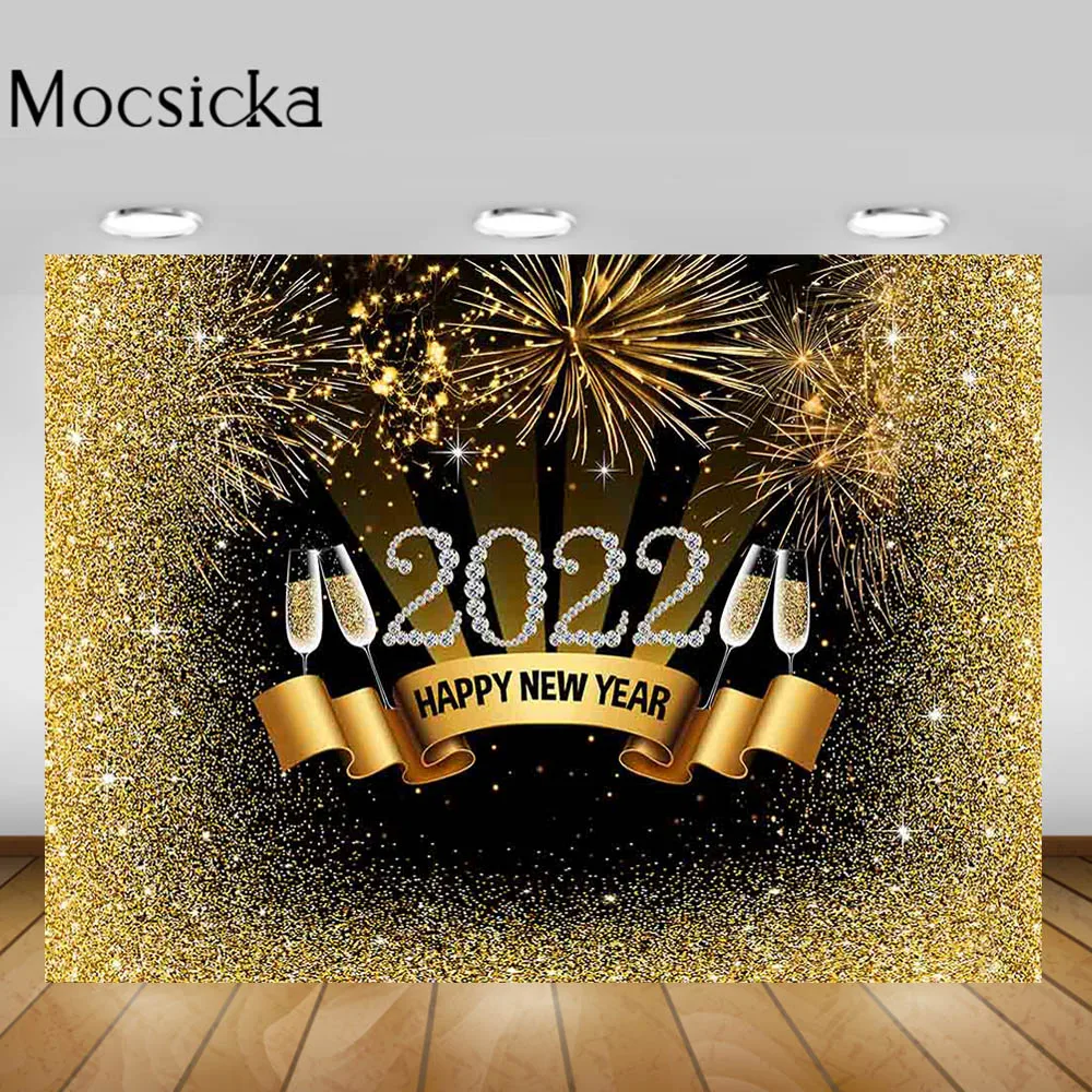 Moclicka latar belakang fotografi Tahun Baru, bahan berkilau emas Bokeh merayakan 2022 latar belakang foto untuk Studio foto panggilan foto Prop