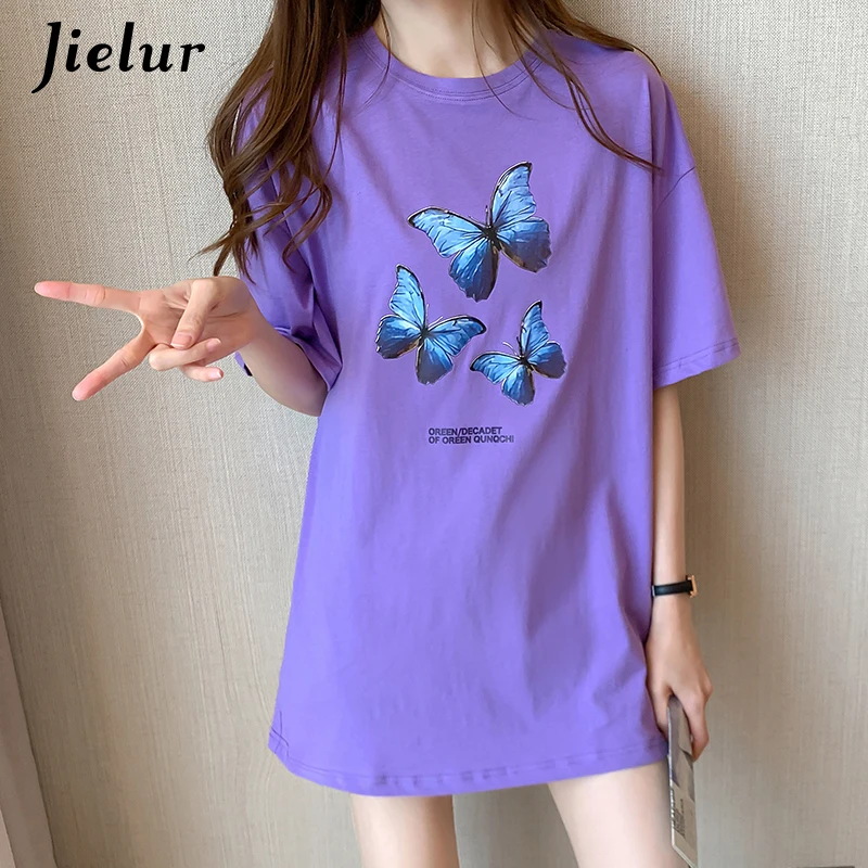 Jielur morada-Camiseta de algodón para mujer, Top de manga corta con mariposa, Camiseta holgada para mujer, camisetas negras de calle de talla M-XXL