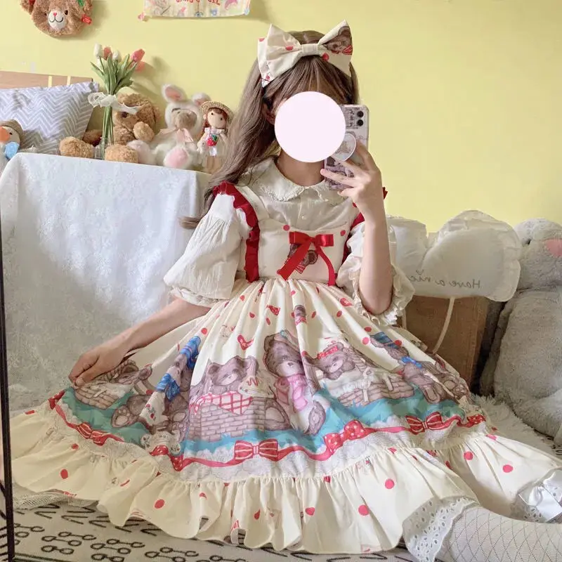 Lolita – robe en dentelle Jsk pour fille, tenue victorienne, taille haute, imprimé ours, mignon Kawaii, Cosplay Cos