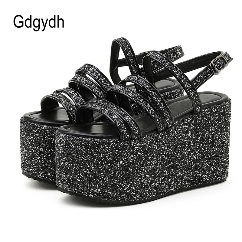 Gdgydh Trendy Sandals Women Wedges Heel Brand Deisgn Bling Sequines Back Strap Thick Sole Platform Shoes On Summer Club Party