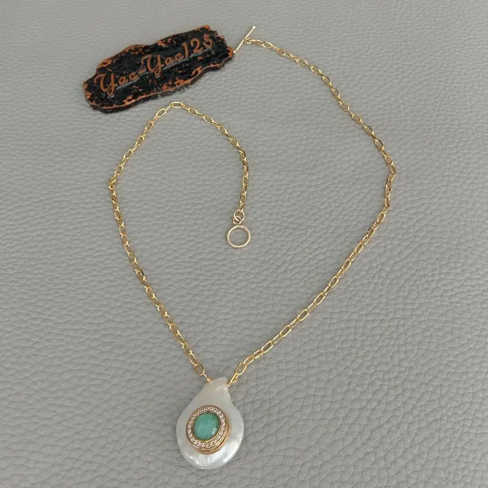 Y·YING natural Cultured White Coin freshwater Pearl Cz Pave Green Amazonite Charm gold color plated Chain Necklace 17\