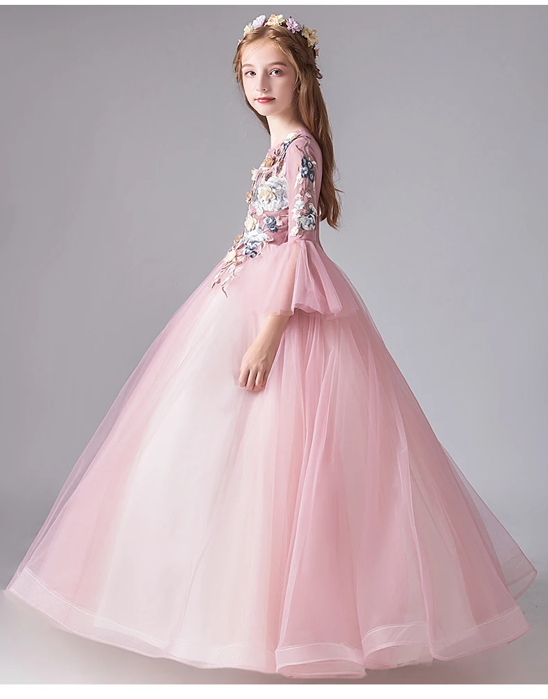 Appliques Pink Tulle Flower Girl Dress For Wedding Party Dress Flare Sleeve Princess Birthday Prom Gown First Communion Dresses