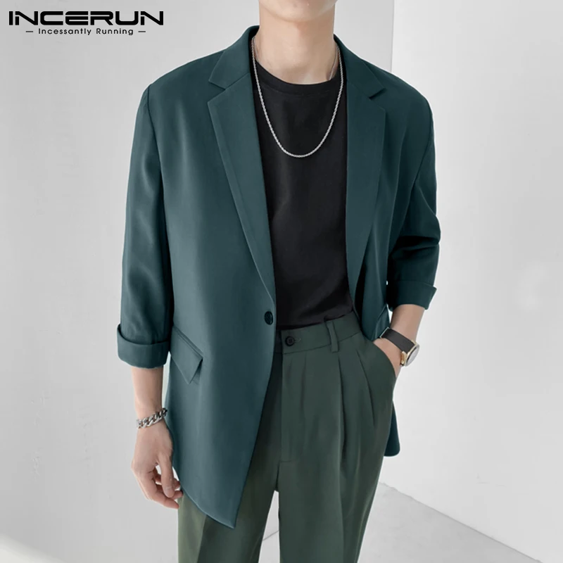 INCERUN Fashion Men Blazer Streetwear Solid Color Lapel 3/4 Sleeve One Button Leisure Suits Men 2023 Casual Thin Jackets S-5XL