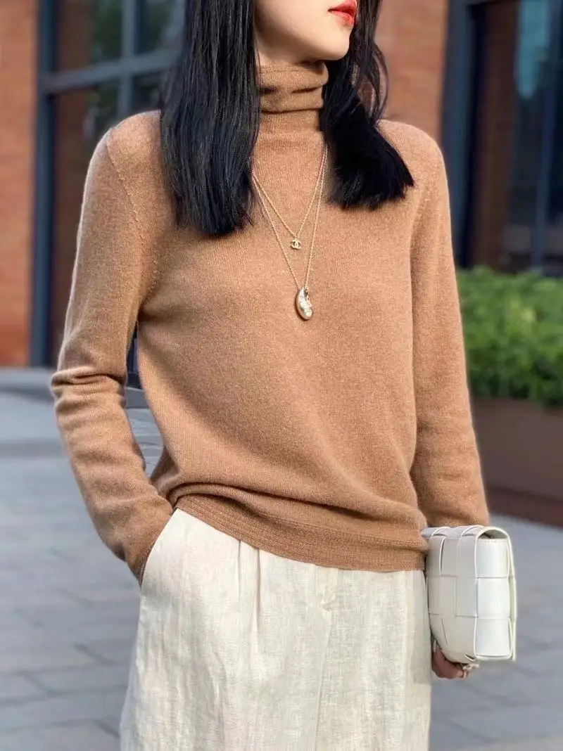 

Women's new solid color versatile 100% wool sweater women's high neck Pullover 100% pure wool cashmere sweater women's solid col