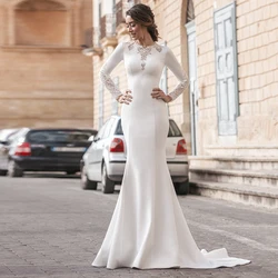 Simple Mermaid Wedding Dress For Woman With Long Sleeves O Neck Sweep Train Zipper Back Bridal Gown Vestido De Novia 2021