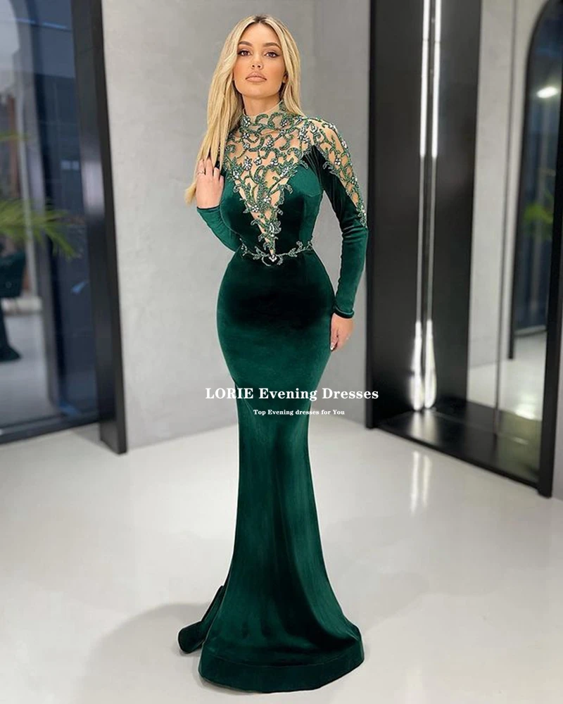 LORIE abito da sera caftano marocchino Appliques dorate manica con cappuccio in pizzo Royal Green Mermaid Velvet abiti da ballo arabi abito da festa