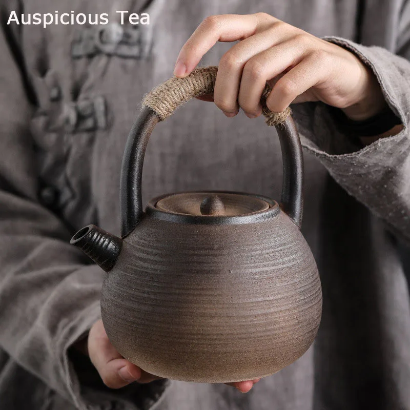 

1350ml Retro Coarse Pottery High Capacity Lifting Beam Boil Water Pot Handmade Household Kung Fu Teaset Tea Ceremony Accessories