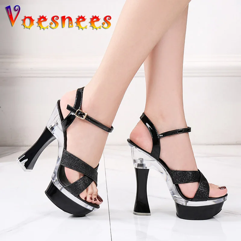 Women Buckle Strap Sandals Platform Sexy High Heel 14.5CM Wedding Shoes Cross Hollow Out Vamp Model Stage Show Shoes 2021 Summer