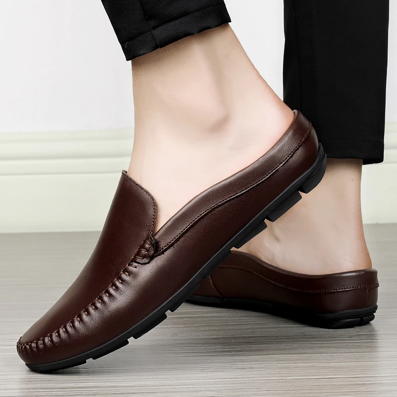 Summer Mules Men Dress Shoes Half Shoes for Men Backless Moccasins Leather Casual Shoes Loafers Slippers Slip On Flats Sandals