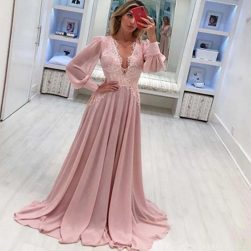 Robe de soirée élégante en mousseline de soie rose, Sexy, décolleté en v, manches longues, avec des appliques en dentelle, dos nu, grande taille