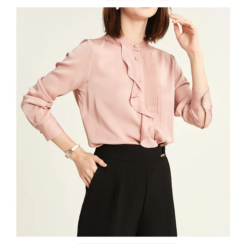 

Heavy Double Qiao Satin Silk Ruffle Shirt Small Stand Collar Shirt Mulberry Silk Top 2021 Autumn Fashion Women's New Party Shirt