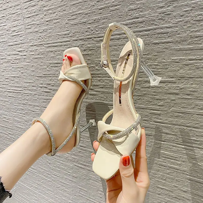 

New Woman Sandals Summer Fashion One Word with Sandals Square Head Stiletto Crystal Female High Heel Shoes Open Toe Shoes