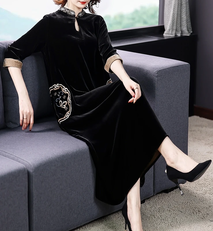 

2024 Vintage Black Gold Velvet 4XL Size Midi Dresses Fall Winter Casual Loose Dresses Women Elegant Bodycon Party Vestidos