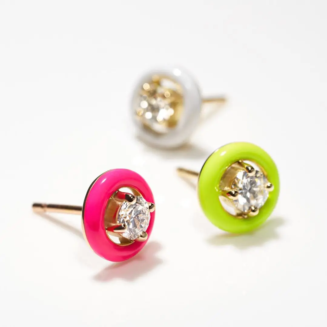 Colorful Jewelry Classic Single CZ Stone Geometric Round Neon Enamel Stud Earring