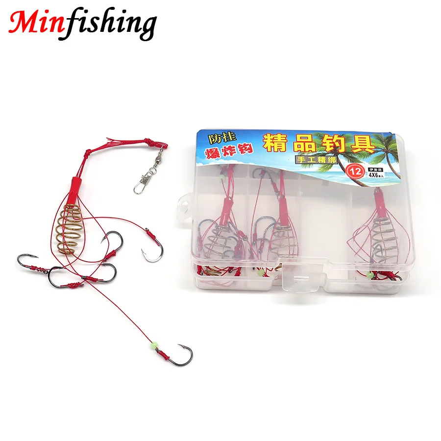 Minfishing 24 pcs/box Explosion String Fishing Hook Stainless Steel Carp Hook River Rock Fishing Size 8~12 Fishing Accessories