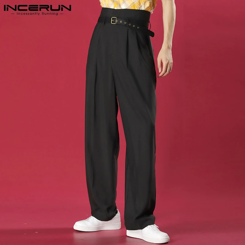 INCERUN 2024 Men Straight Pants Solid Color High Waist Streetwear Fashion Trousers Joggers Loose Casual Pantalon No Belt S-5XL