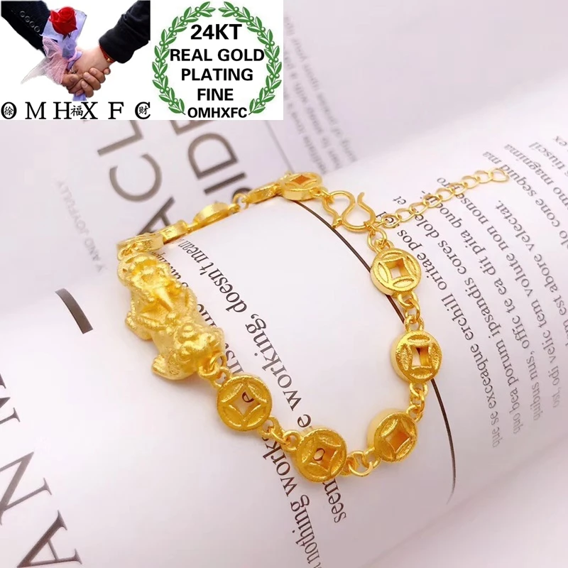 OMHXFC Jewelry Wholesale YM365 European Fashion Fine Woman Girl Party Birthday Wedding Gift Vintage PIXIU Coin 24KT Gold Bangle