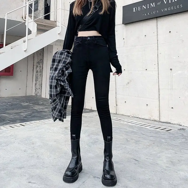 Women Black Ripped Jeans 2021Female Spring Autumn New Tight-Fitting High-Waisted Ankle JeanS Are Thin Versatile Stretch Pant A88