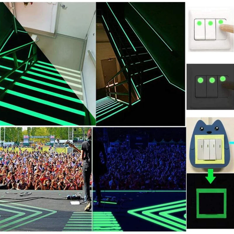 Cinta luminosa fluorescente de noche autoadhesiva que brilla en la oscuridad, cinta adhesiva verde, decoración de seguridad, cinta de advertencia