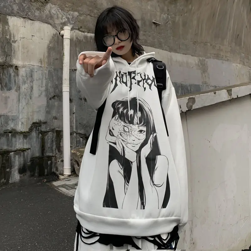 HOUZHOU White Anime Print Hoodies Women Autumn Winter Oversized Hooded Sweatshirt Harajuku Gothic Streetwear Aesthetic Graphic