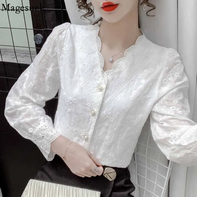 Puff manga longa flores crochê blusa de renda feminino francês v pescoço oco para fora camisa outono branco elegante mulher topo blusas 16650