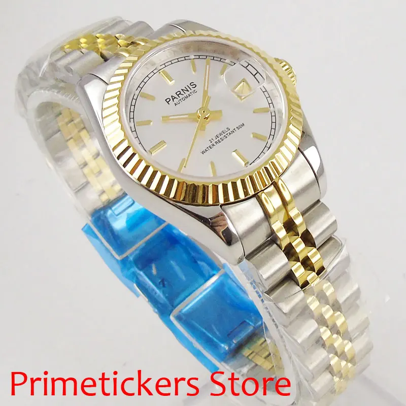 26mm stainless steel gold plated strap automatic movement date sapphire glass women watch