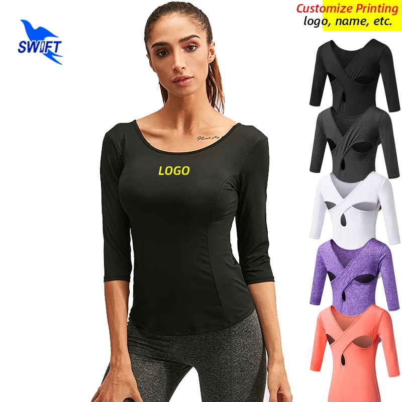 Summer Women 3/4 Sleeve Running T-Shirt Quick Dry Elastic Yoga Shirts Sexy Cross Back Slim Fit Gym Fitness Sports Tops Customize