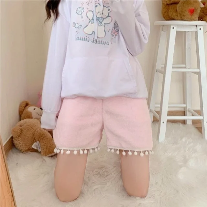 반바지 여성 탄성 허리 아늑한 벨벳 겨울 Ins Homewear Kawaii 일본식 모든 경기 솔리드 부드러운 캐주얼 세련된 하이틴 뜨거운