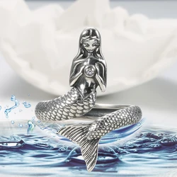 Kinel Hot Sale Trendy 100% 925 Sterling Silver Animal Collection Mermaid Family Finger Rings For Women Silver Jewelry Gift