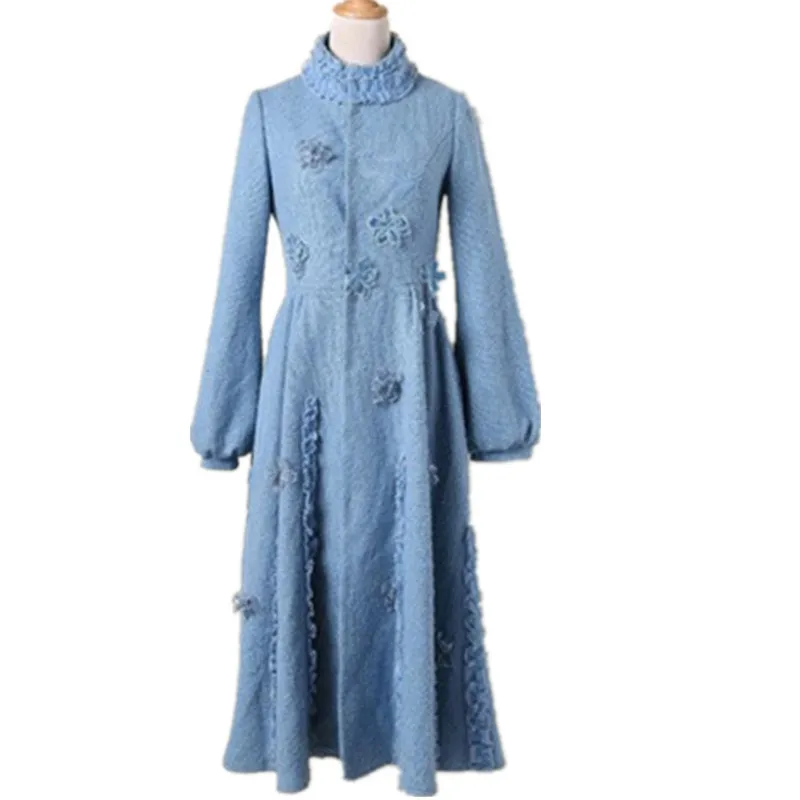 autumn winter vintage lantern sleeve woolen coat women stand collar slim ball gown skirt wool blends coat