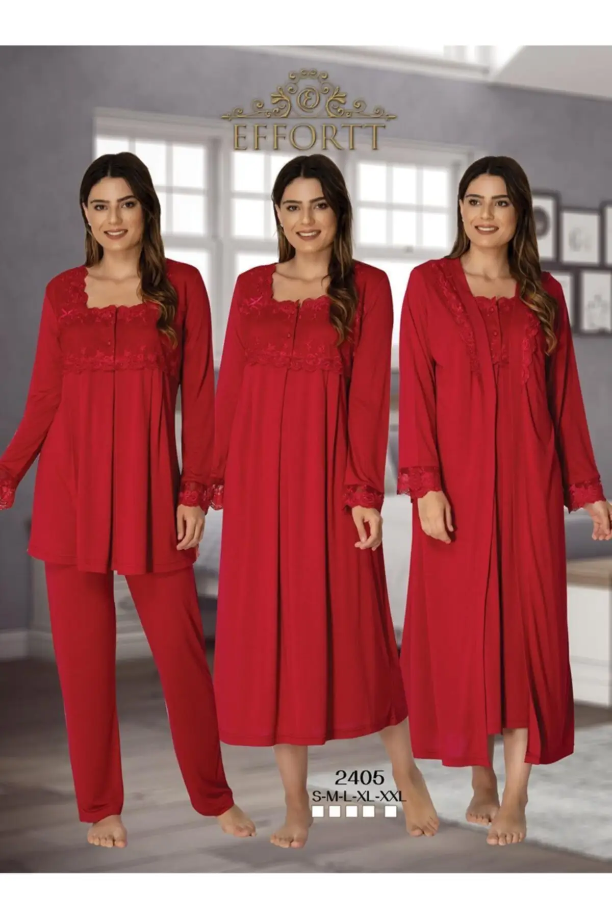 Women's Red Maternity Puerperal Nightgown Dressing Gown Pajamas Set 4'lü Set