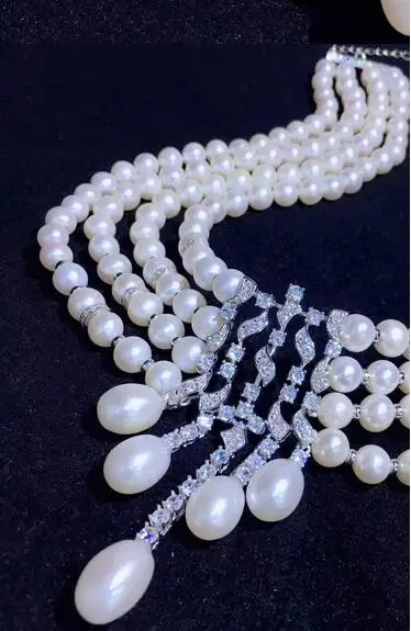 free shipping  Jewelry 4row 7-8mm natural south sea white pearl necklace micro inlay zircon earring bracelet pendant