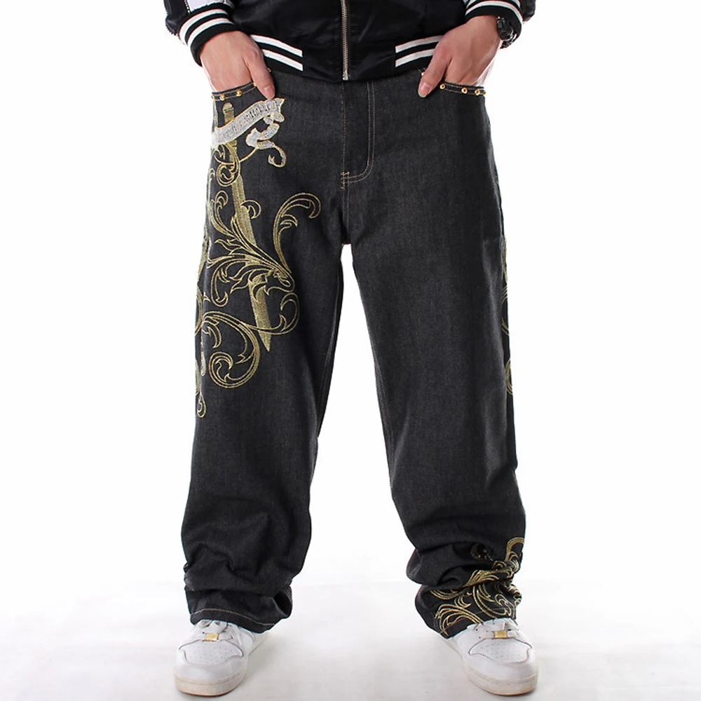 Men's hiphop jeans Loose plus large size embroidery wings baggy denim pants Male hip hop streetwear long trousers