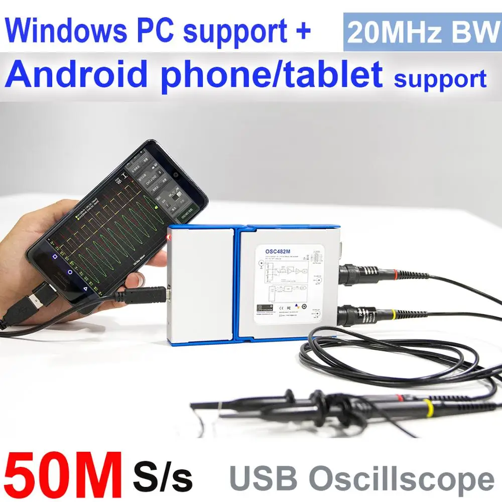 LOTO USB/PC Oscilloscope OSC482M(Android+Windows),50MS/s Sampling Rate,20MHz Bandwidth, for automobile, student, engineer