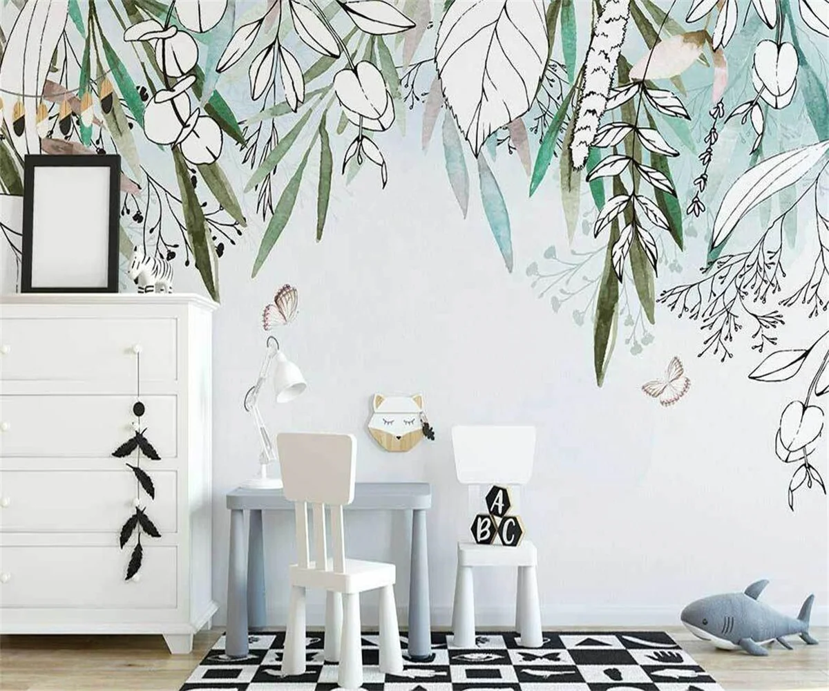 Custom size wallpaper Hand-painted small fresh leaves flower rattan butterfly mural home decoration wall stickers 3d wallpaper