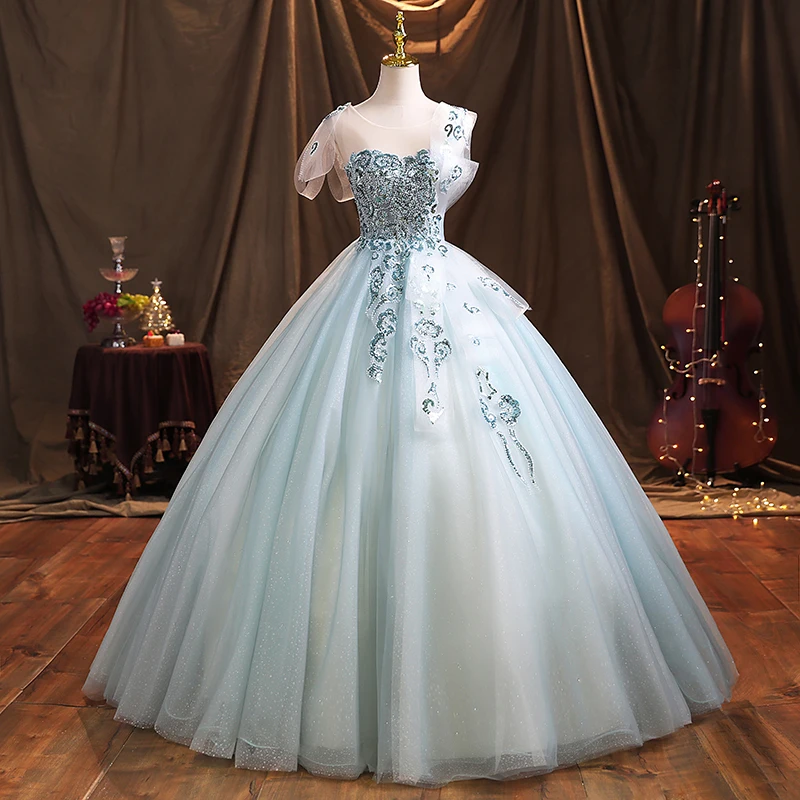 Luxury Cindy Blue เย็บปักถักร้อยลูกปัด Bowknot Sleeve Ball Gown ยุคกลาง Vintage Royal Victoria ชุด Princes Belle Ball Gown