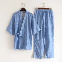 Spring and summer men's Japanese style vertical bar kimono long set of cotton double-layer gauze home pyjama home sweat steaming