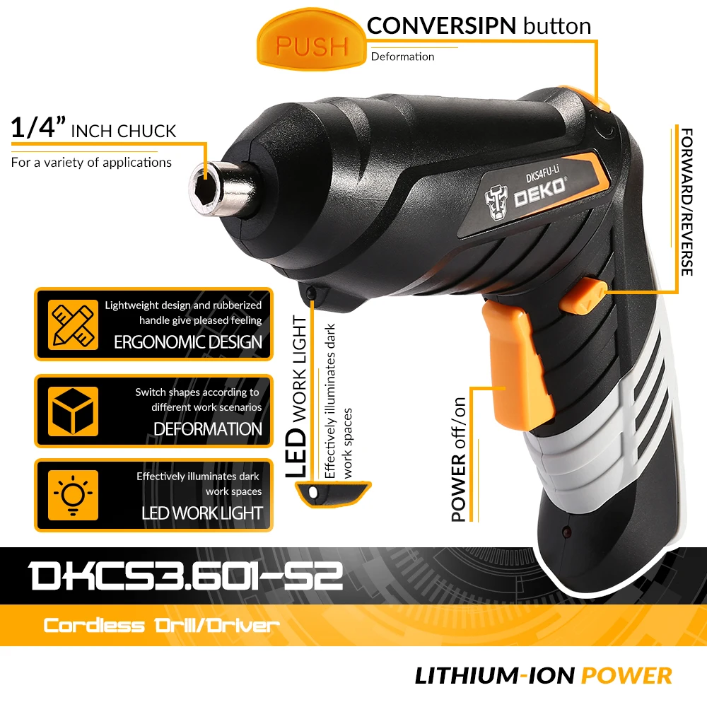 DEKO DKCS3.6O1 S1/S2/S3ไฟฟ้าไร้สายไขควง Keyless Chuck ชาร์จแบตเตอรี่