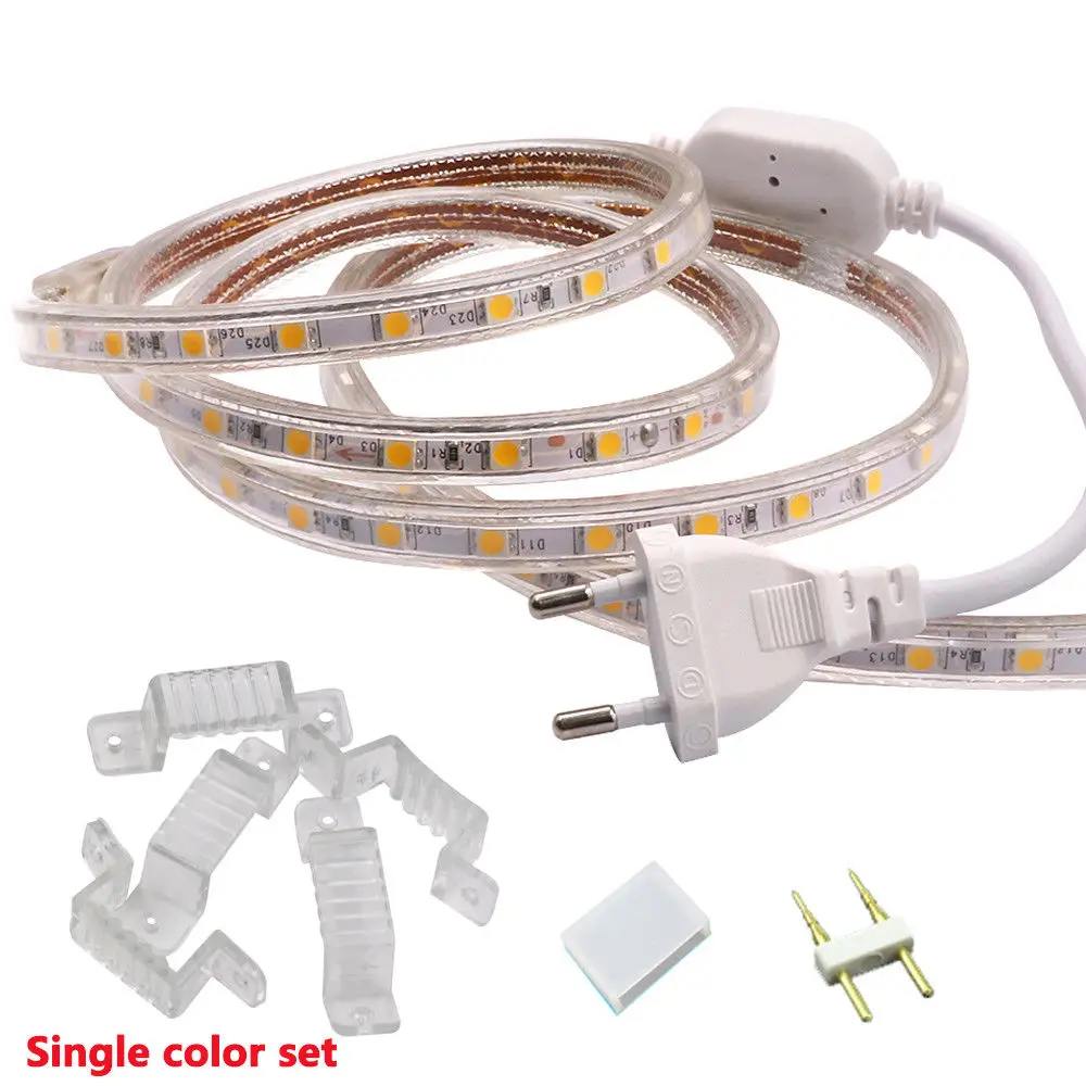 Waterproof LED Strip Light 5050 RGB 220V 230V 240V AC 60LEDs/m Remote Control Flexible Led Ribbon Tape Outdoor Decoration