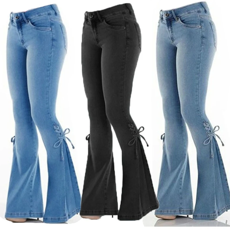 

Fashion High Waist Flared Jeans Women Bow Boot Cut Casual Lady Lace Up Trousers Cowgirl Vintage Blue Bell Bottom Denim Pants emo