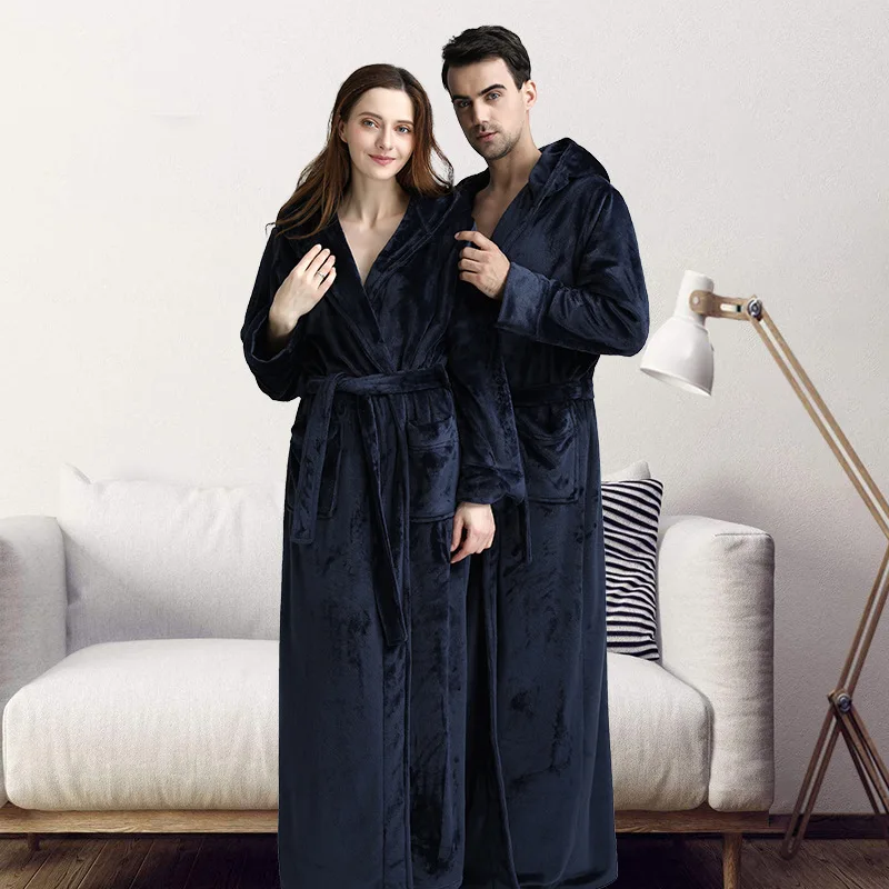 Women Winter Hooded Extra Long Thick Flannel Bath Robe Luxury Peignoir Warm Dressing Gown Men Bathrobe Bridesmaid Wedding Robes